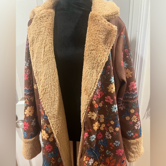 Boho Embroidered Faux Shearling Long Coat- Dark Brown Sz L (Fits like XL or XXL) - Picture 7 of 15